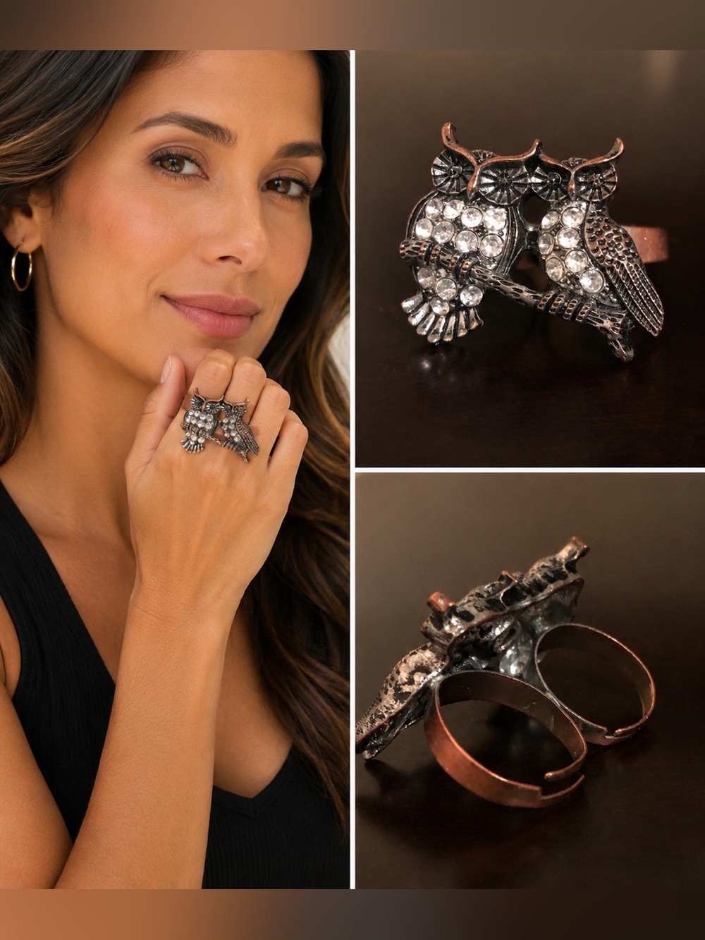 Jeweled Owl Double Finger Statement Ring | Adjustable Bronze Tone Crystal Ring